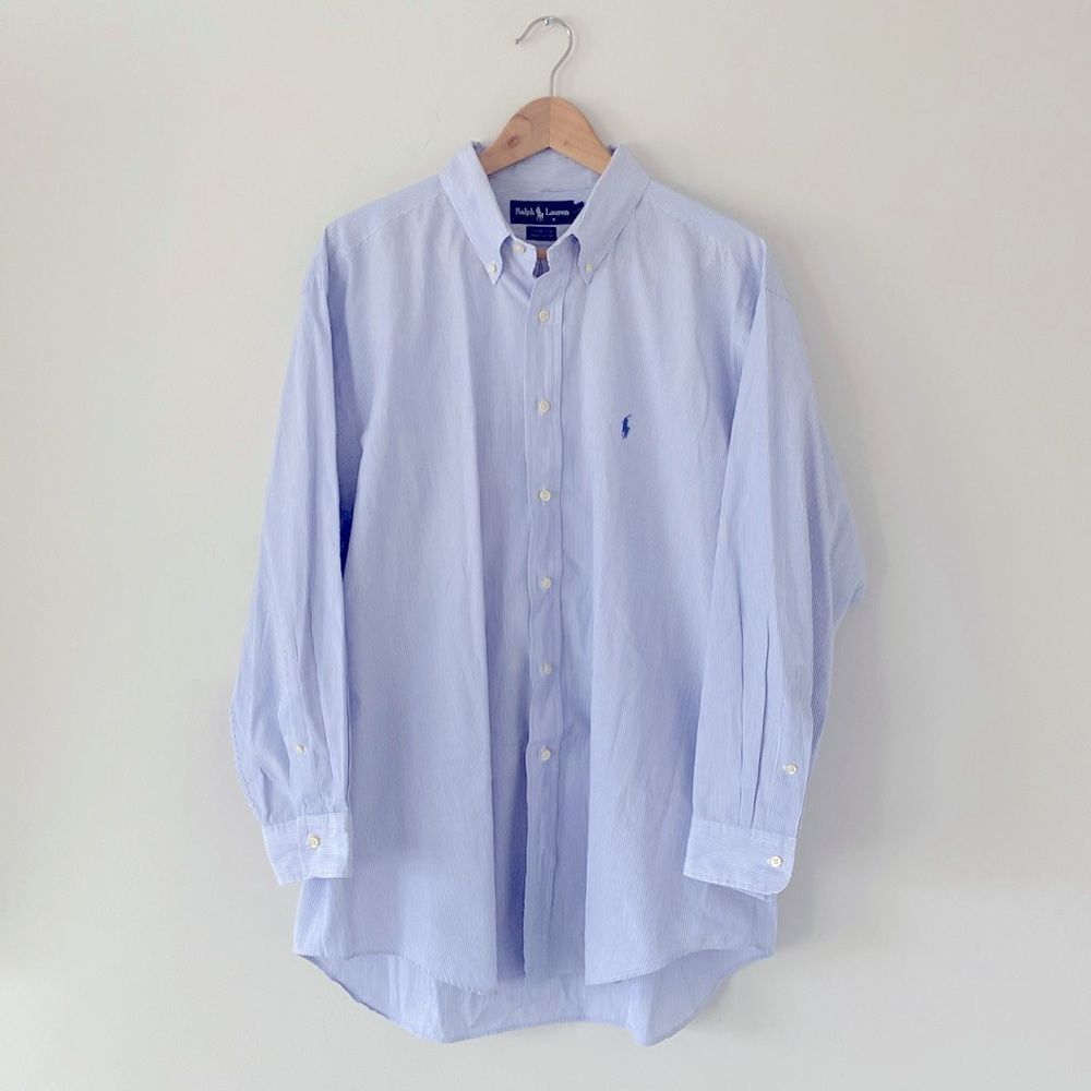 Ralph Lauren Men's Blue Button Up Striped Shirt Logo sz 17 (XL) Office Preppy
